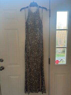 Scala Silver Sequin Halter Prom Dress